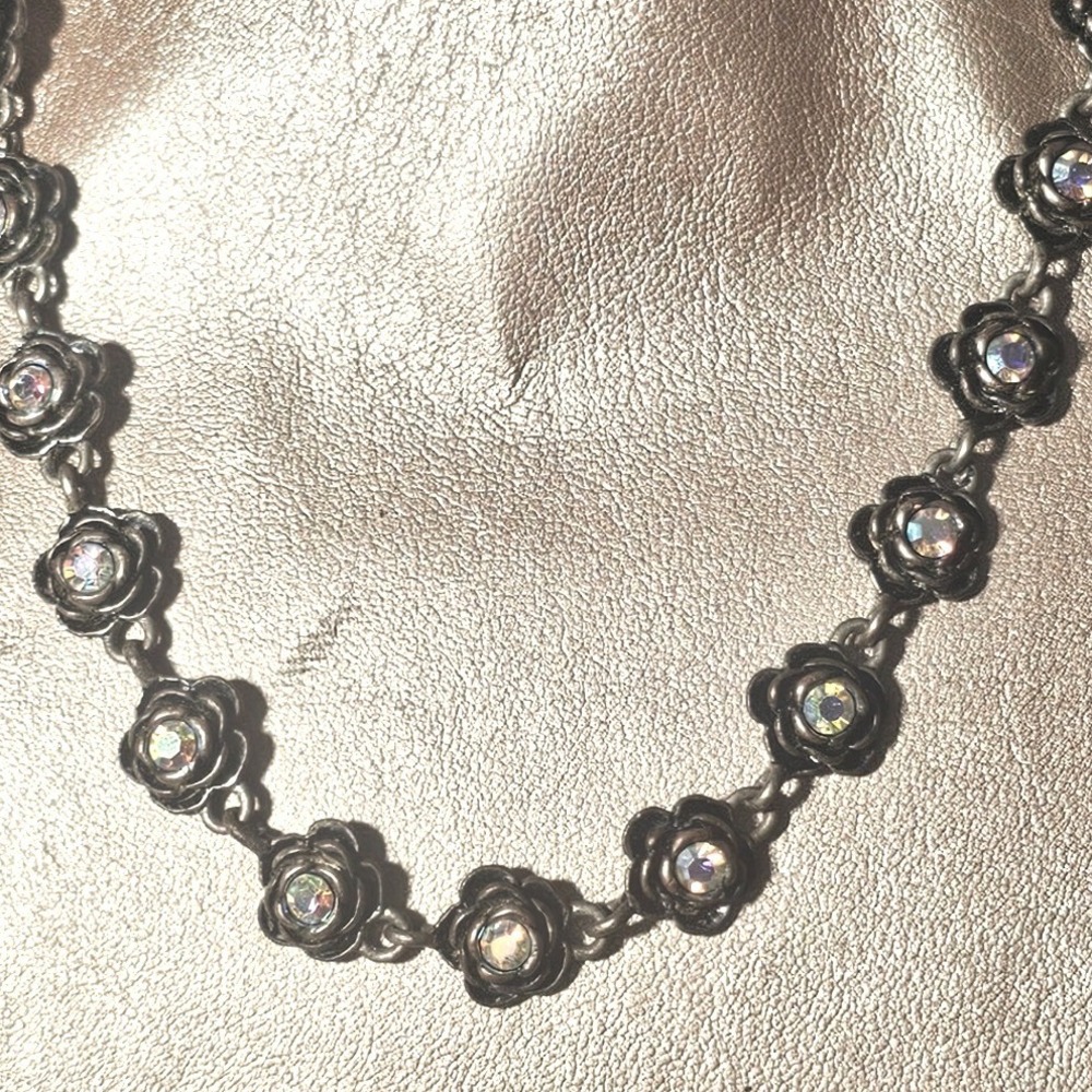 Vintage Silver Tone Rose AB Rhinestone Floral Choker Necklace
